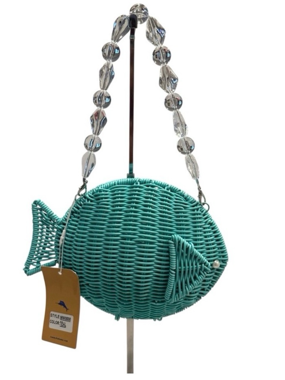 New Tommy Bahama Teal Woven Fish-Shaped Bag - Picture 7 of 15